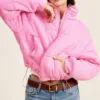 FC02101-04 Oversized Cable-Knit Puffer Jacket with Drawstring – Cozy & Stylish Winter Outerwear for Women