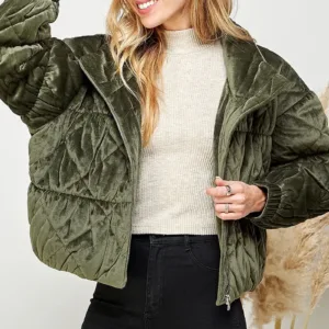 Velvet Textured Quilted Puffer Jacket – Luxurious & Warm Winter Outerwear for Women