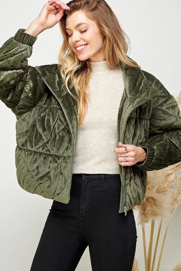 Velvet Textured Quilted Puffer Jacket – Luxurious & Warm Winter Outerwear for Women