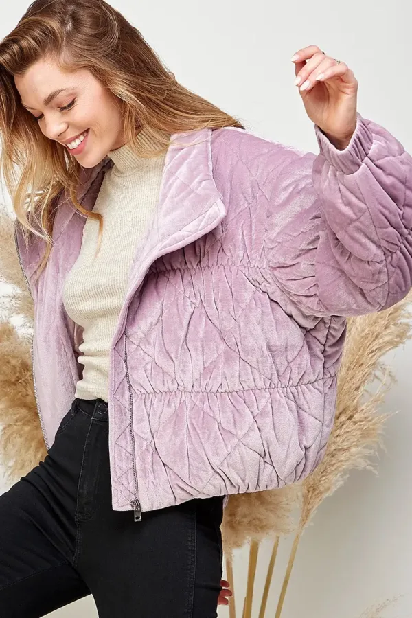 Velvet Textured Quilted Puffer Jacket – Luxurious & Warm Winter Outerwear for Women