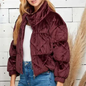 Velvet Textured Quilted Puffer Jacket – Luxurious & Warm Winter Outerwear for Women