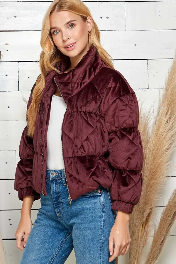 Velvet Textured Quilted Puffer Jacket – Luxurious & Warm Winter Outerwear for Women