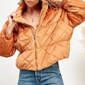 Velvet Textured Quilted Puffer Jacket – Luxurious & Warm Winter Outerwear for Women