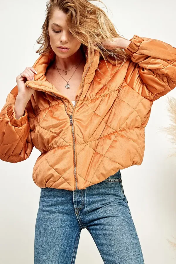 Velvet Textured Quilted Puffer Jacket – Luxurious & Warm Winter Outerwear for Women