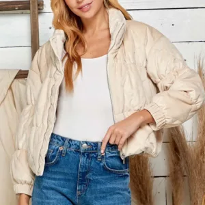 Velvet Textured Quilted Puffer Jacket – Luxurious & Warm Winter Outerwear for Women