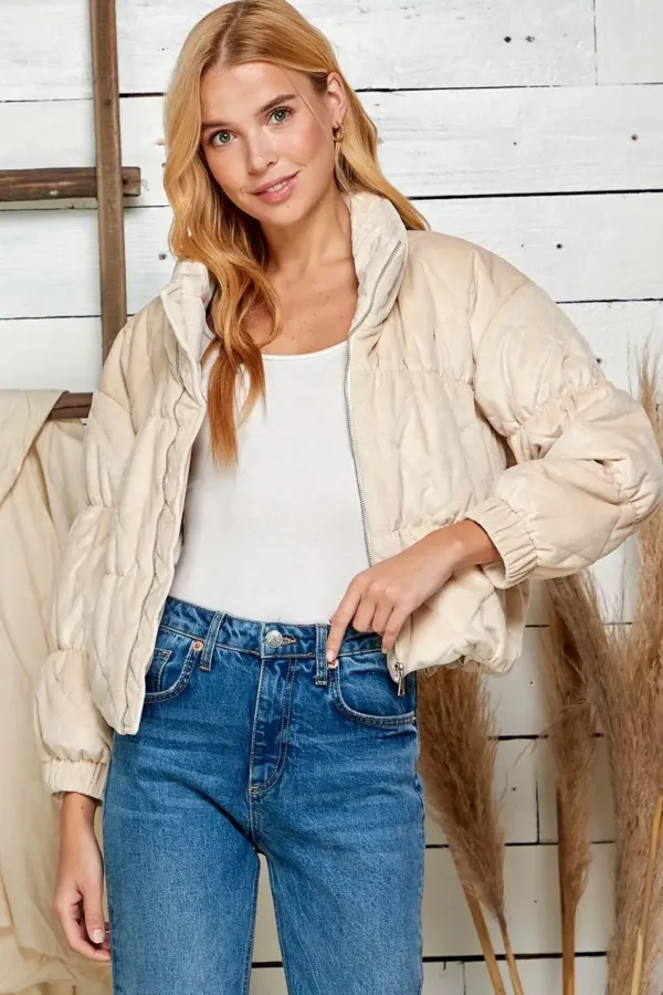 Velvet Textured Quilted Puffer Jacket – Luxurious & Warm Winter Outerwear for Women