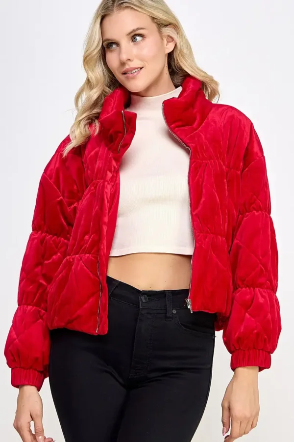 Velvet Textured Quilted Puffer Jacket – Luxurious & Warm Winter Outerwear for Women