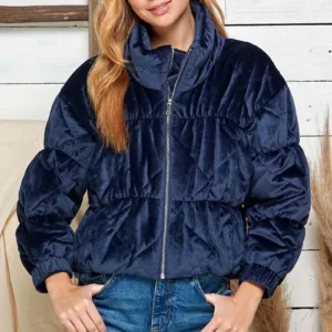 Velvet Textured Quilted Puffer Jacket – Luxurious & Warm Winter Outerwear for Women
