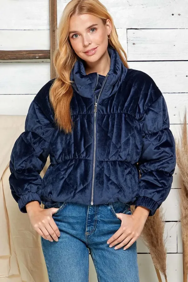 Velvet Textured Quilted Puffer Jacket – Luxurious & Warm Winter Outerwear for Women