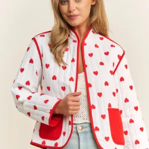 Loose Fit Quilted Valentine Heart Colorblock Cotton Jacket – Cozy Winter Outerwear for Women
