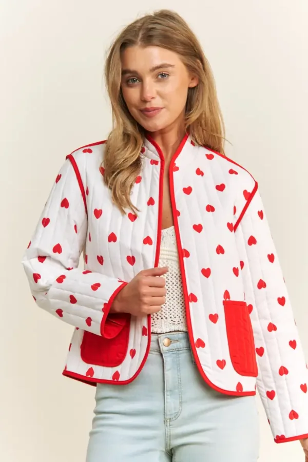 Loose Fit Quilted Valentine Heart Colorblock Cotton Jacket – Cozy Winter Outerwear for Women