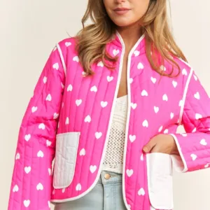 Loose Fit Quilted Valentine Heart Colorblock Cotton Jacket – Cozy Winter Outerwear for Women