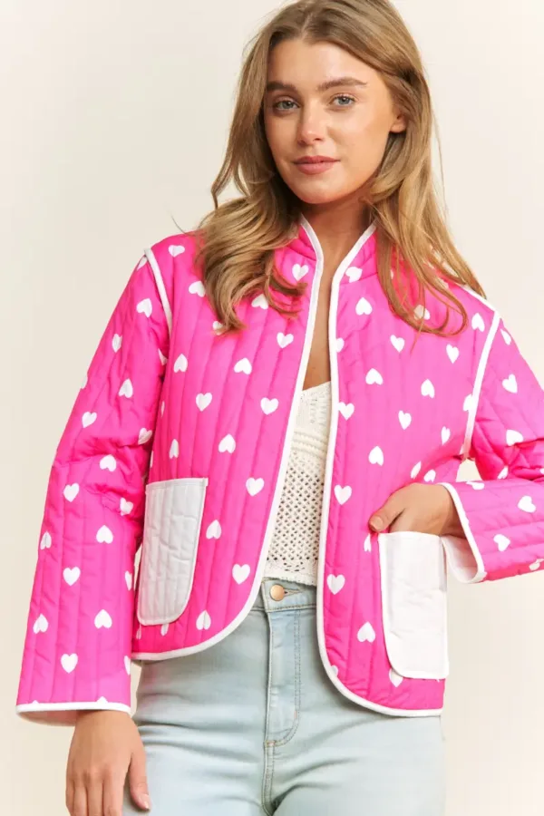 Loose Fit Quilted Valentine Heart Colorblock Cotton Jacket – Cozy Winter Outerwear for Women