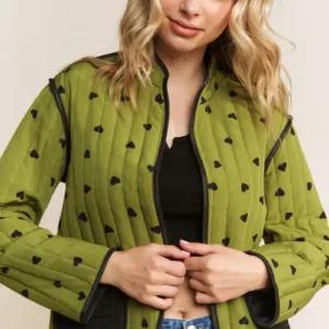 Loose Fit Quilted Valentine Heart Colorblock Cotton Jacket – Cozy Winter Outerwear for Women