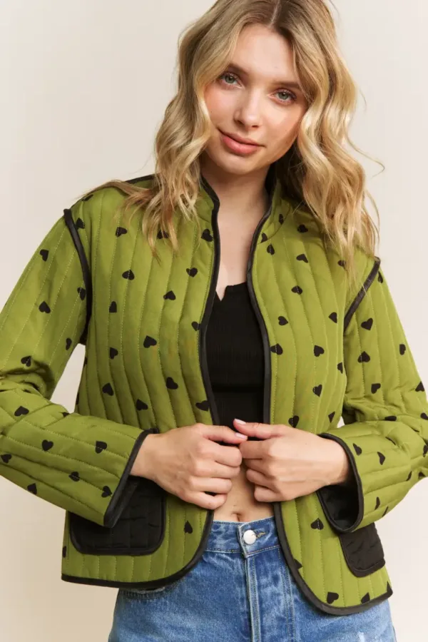 Loose Fit Quilted Valentine Heart Colorblock Cotton Jacket – Cozy Winter Outerwear for Women