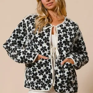 Daisy Flower Quilted Outer Jacket with Front Tie – Cozy & Stylish Cotton Outerwear for Women