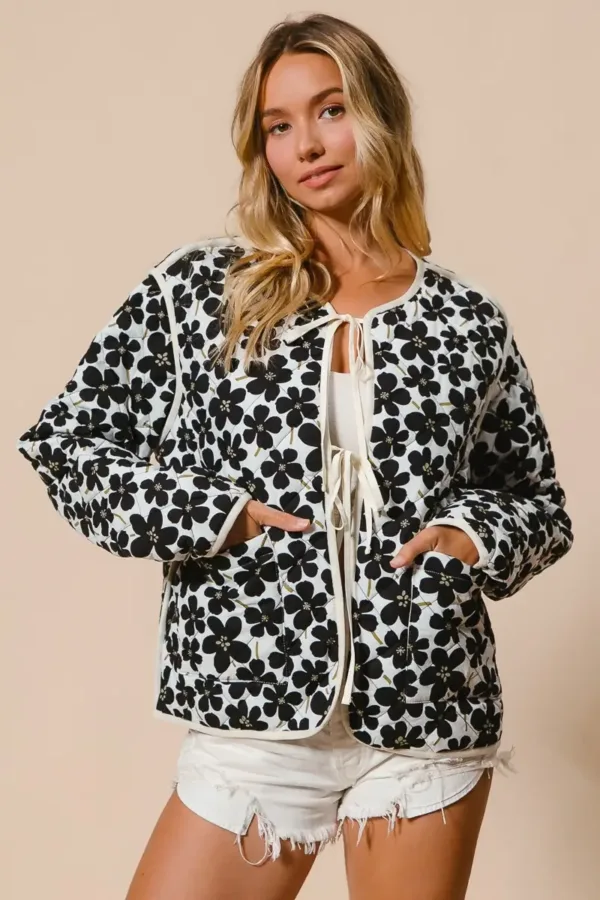 Daisy Flower Quilted Outer Jacket with Front Tie – Cozy & Stylish Cotton Outerwear for Women
