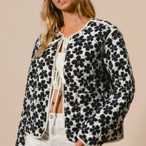Daisy Flower Quilted Outer Jacket with Front Tie – Cozy & Stylish Cotton Outerwear for Women