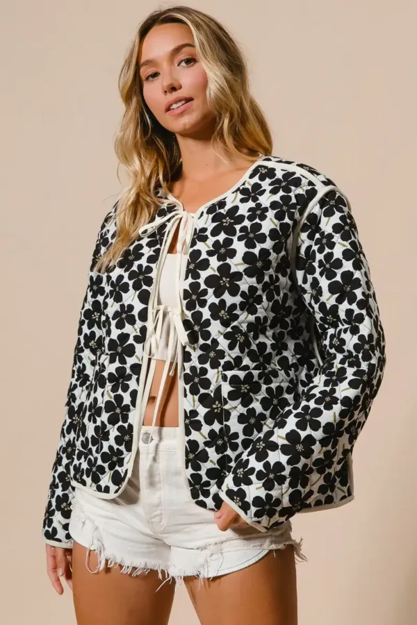 Daisy Flower Quilted Outer Jacket with Front Tie – Cozy & Stylish Cotton Outerwear for Women