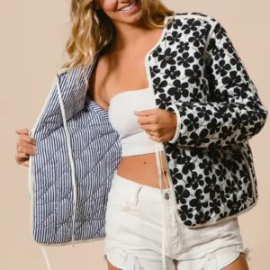 Daisy Flower Quilted Outer Jacket with Front Tie – Cozy & Stylish Cotton Outerwear for Women
