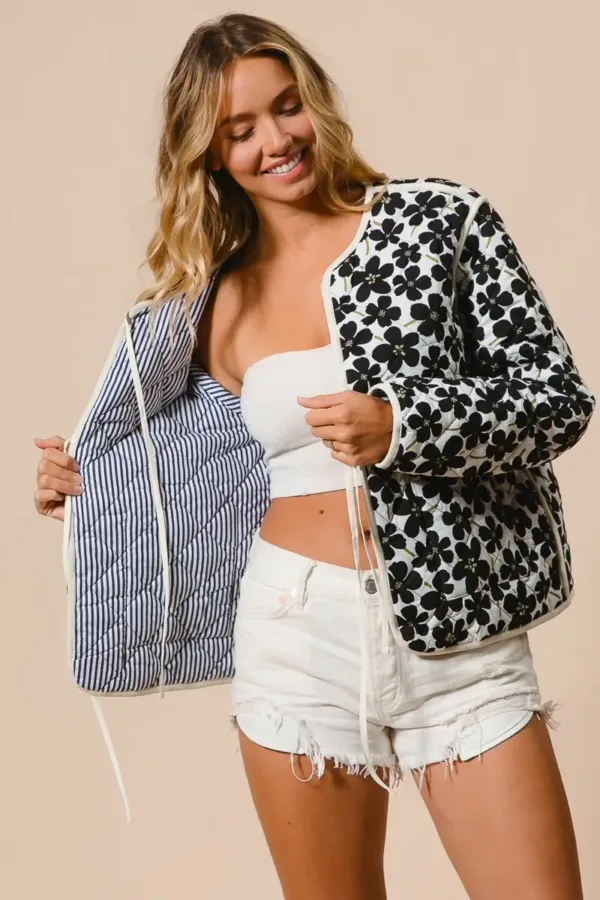 Daisy Flower Quilted Outer Jacket with Front Tie – Cozy & Stylish Cotton Outerwear for Women