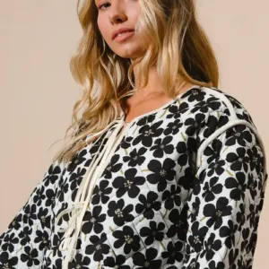 Daisy Flower Quilted Outer Jacket with Front Tie – Cozy & Stylish Cotton Outerwear for Women