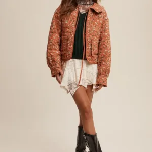 Floral Quilted Jacket with Cotton String Bow – Elegant & Cozy Outerwear for Women