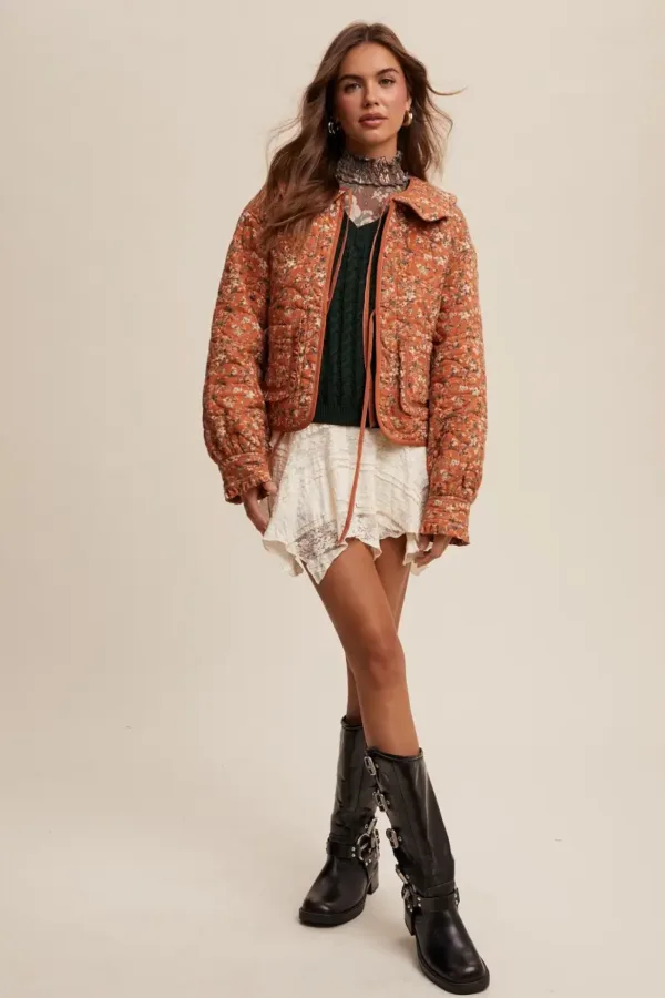 Floral Quilted Jacket with Cotton String Bow – Elegant & Cozy Outerwear for Women