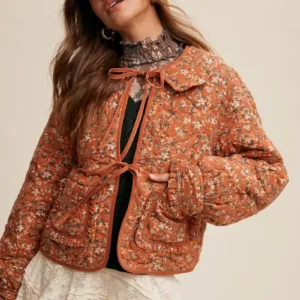 Floral Quilted Jacket with Cotton String Bow – Elegant & Cozy Outerwear for Women