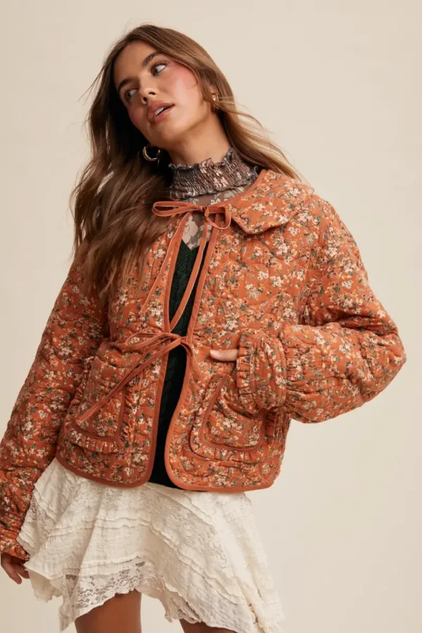 Floral Quilted Jacket with Cotton String Bow – Elegant & Cozy Outerwear for Women