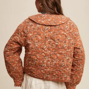 Floral Quilted Jacket with Cotton String Bow – Elegant & Cozy Outerwear for Women