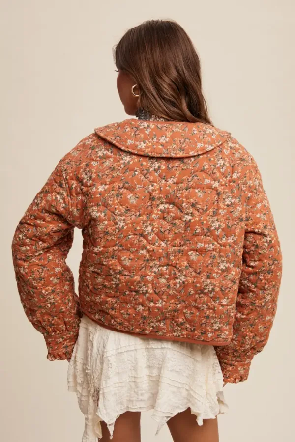 Floral Quilted Jacket with Cotton String Bow – Elegant & Cozy Outerwear for Women