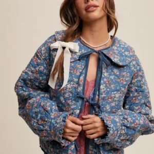 Floral Quilted Jacket with Cotton String Bow – Elegant & Cozy Outerwear for Women