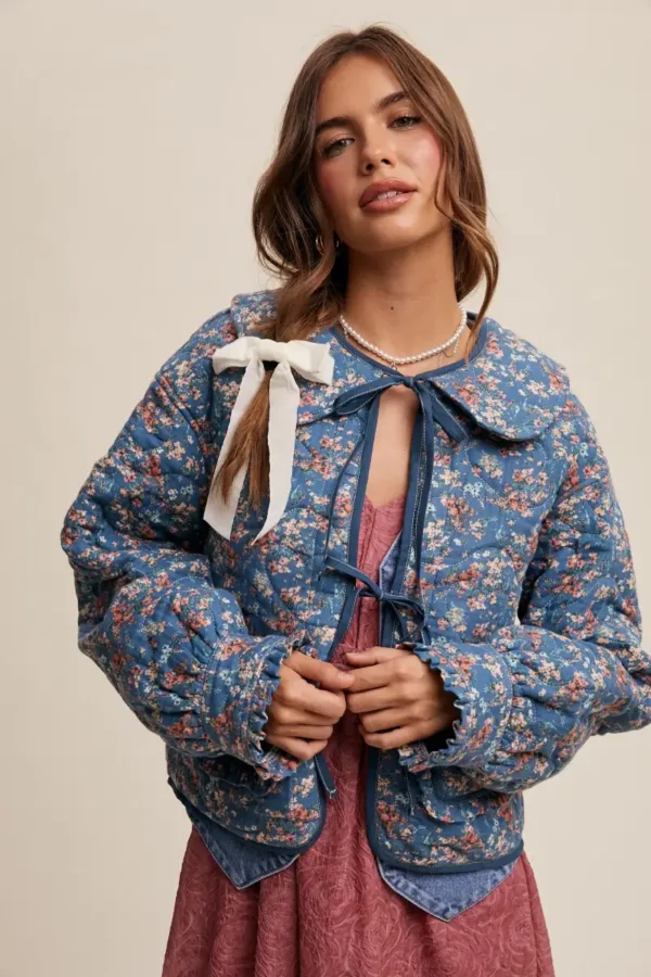 Floral Quilted Jacket with Cotton String Bow – Elegant & Cozy Outerwear for Women