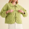 Ruffled Quilted Jacket – Stylish & Warm Cotton Puffer Coat with Feminine Detail Green