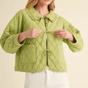 Ruffled Quilted Jacket – Stylish & Warm Cotton Puffer Coat with Feminine Detail Green