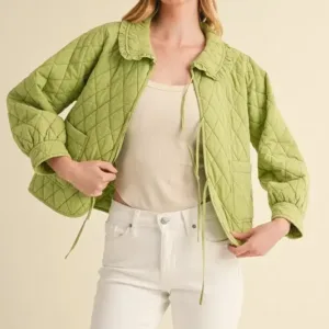 Ruffled Quilted Jacket – Stylish & Warm Cotton Puffer Coat with Feminine Detail Green