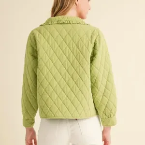 Ruffled Quilted Jacket – Stylish & Warm Cotton Puffer Coat with Feminine Detail Green