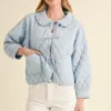 Ruffled Quilted Jacket – Stylish & Warm Cotton Puffer Coat with Feminine Detail Blue