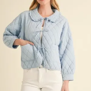 Ruffled Quilted Jacket – Stylish & Warm Cotton Puffer Coat with Feminine Detail Blue