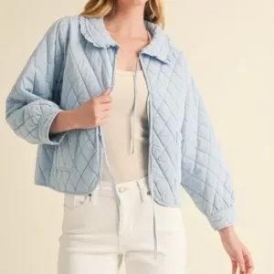 Ruffled Quilted Jacket – Stylish & Warm Cotton Puffer Coat with Feminine Detail Blue