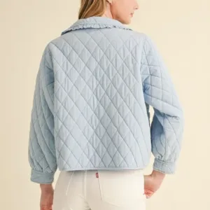 Ruffled Quilted Jacket – Stylish & Warm Cotton Puffer Coat with Feminine Detail Blue