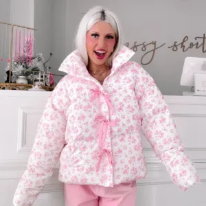 Cotton Puffer Jacket with Bow Detail & Floral Print – Stylish Warm Winter Outerwear for Women