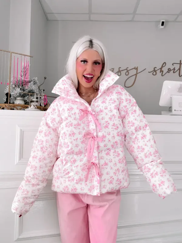 Cotton Puffer Jacket with Bow Detail & Floral Print – Stylish Warm Winter Outerwear for Women