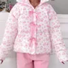 FC02111-04 Cotton Puffer Jacket with Bow Detail & Floral Print – Stylish Warm Winter Outerwear for Women