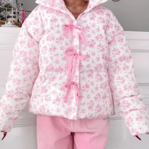 Cotton Puffer Jacket with Bow Detail & Floral Print – Stylish Warm Winter Outerwear for Women
