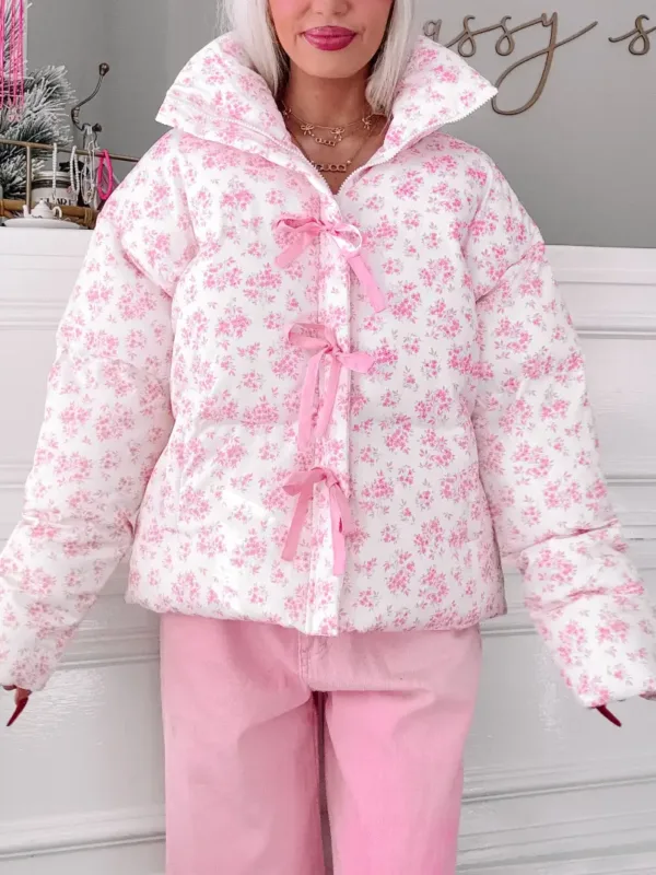Cotton Puffer Jacket with Bow Detail & Floral Print – Stylish Warm Winter Outerwear for Women