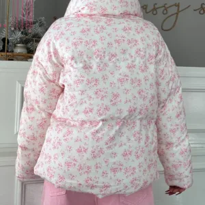 Cotton Puffer Jacket with Bow Detail & Floral Print – Stylish Warm Winter Outerwear for Women