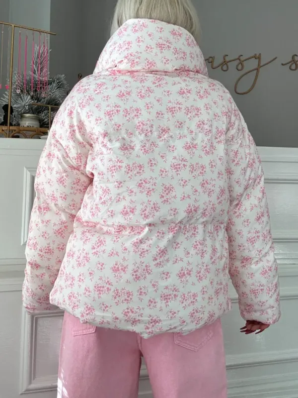 Cotton Puffer Jacket with Bow Detail & Floral Print – Stylish Warm Winter Outerwear for Women