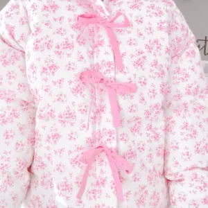 Cotton Puffer Jacket with Bow Detail & Floral Print – Stylish Warm Winter Outerwear for Women